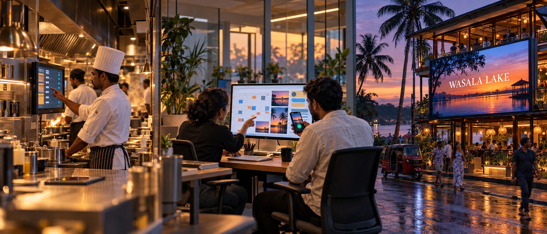 Three connected scenes: a restaurant kitchen with a kitchen display screen, a marketing office with campaign drafts on a monitor, and a building frontage at dusk with an LED display advertising Wasala Lake.
